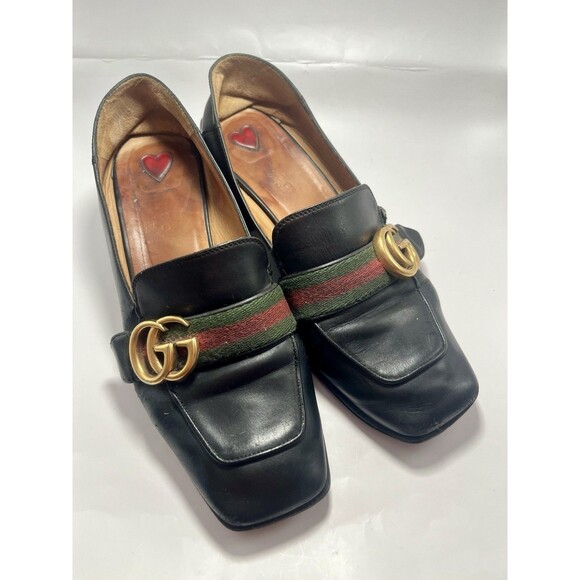 Gucci Loafers Black Square Toe Heels Sherry Line GG Marmont Leather Sz 36.5 6.5